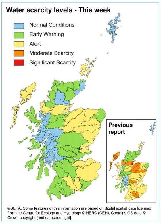 The latest water scarcity report shows a decrease in warning levels across most of Scotland