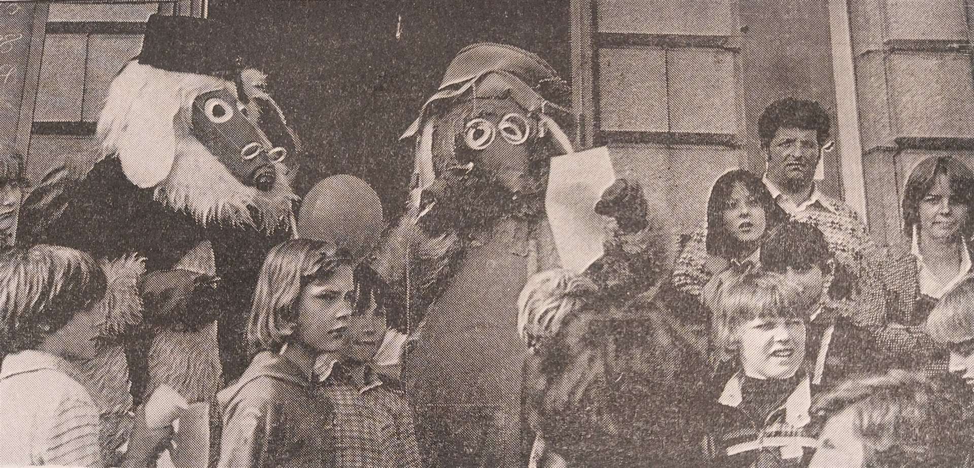 Uncle Bulgaria and Cousin Botany announce the winners at Garioch Arcade. (Inverurie Advertiser 1979)
