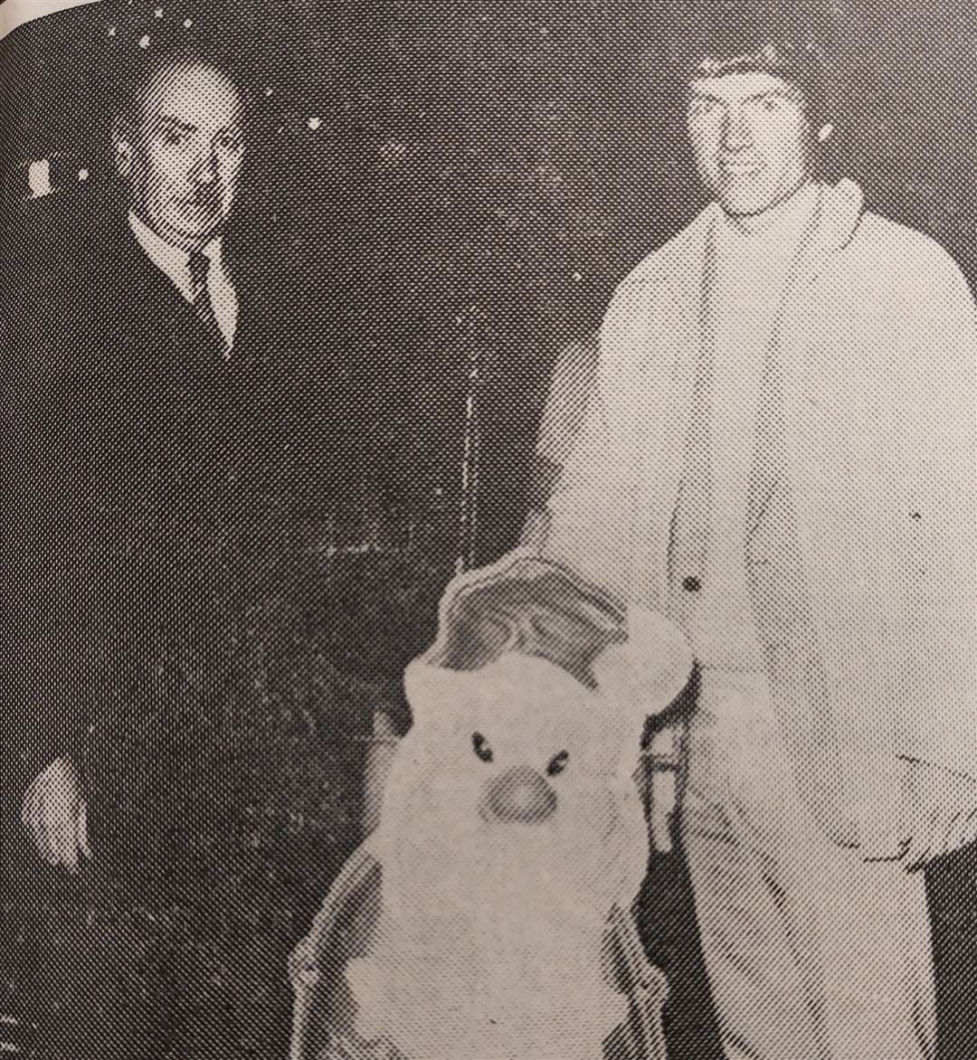 Turriff's Christmas lights were switched on by teacher Ken Montgomery, watched by community council chairman James Dawson. (Turriff Advertiser 1985)