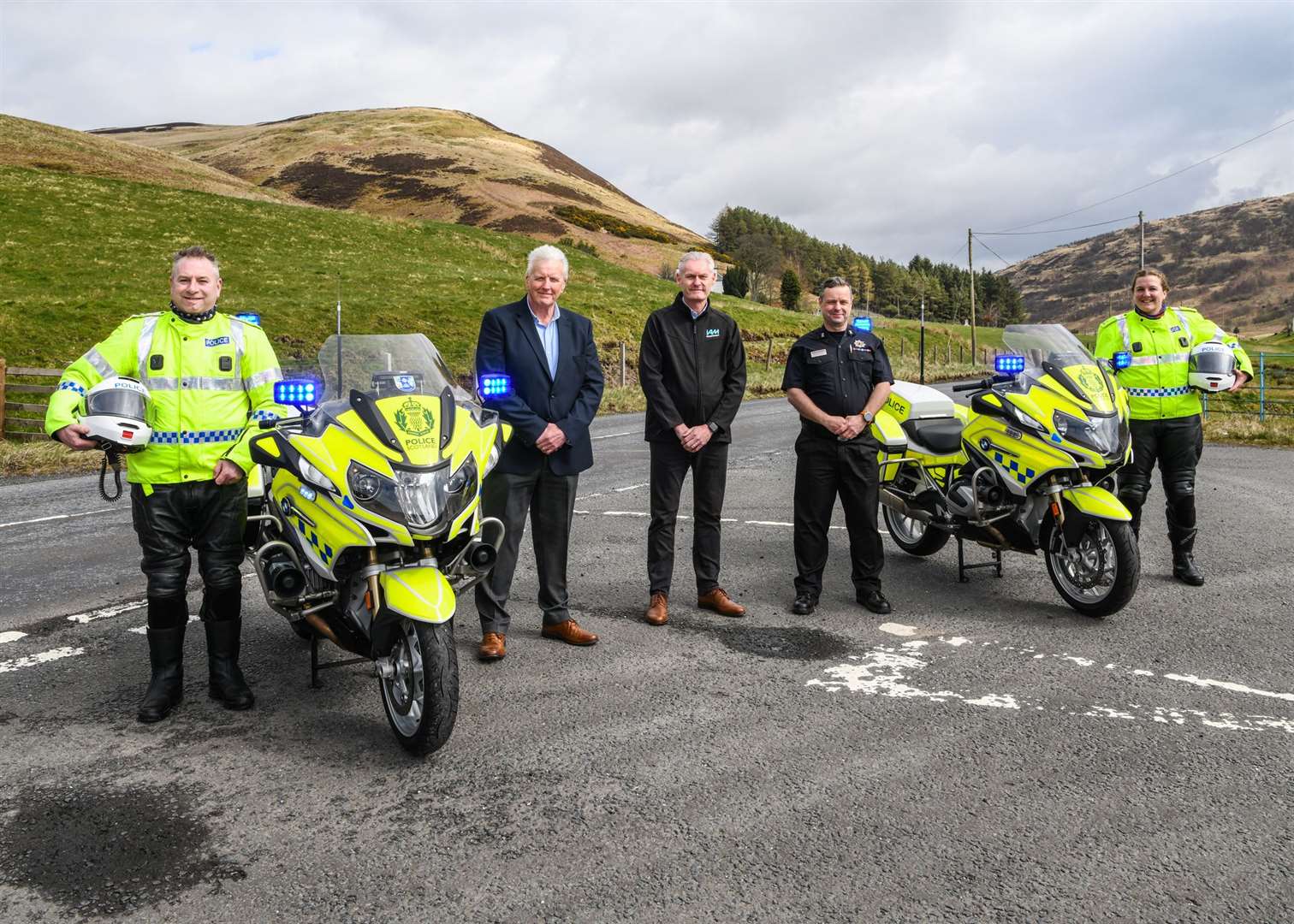 Hoping to help keep bikers safe on the roads are (from left0 Inspector Greg Burns, Michael McDonnell (Road Safety Scotland), Neil Greig (Institute of Advanced Motorists), Matthew McLay (Scottish Fire and Rescue) and PC Nicola Ross Advanced Motorcycle Instructor (Scottish Police College).