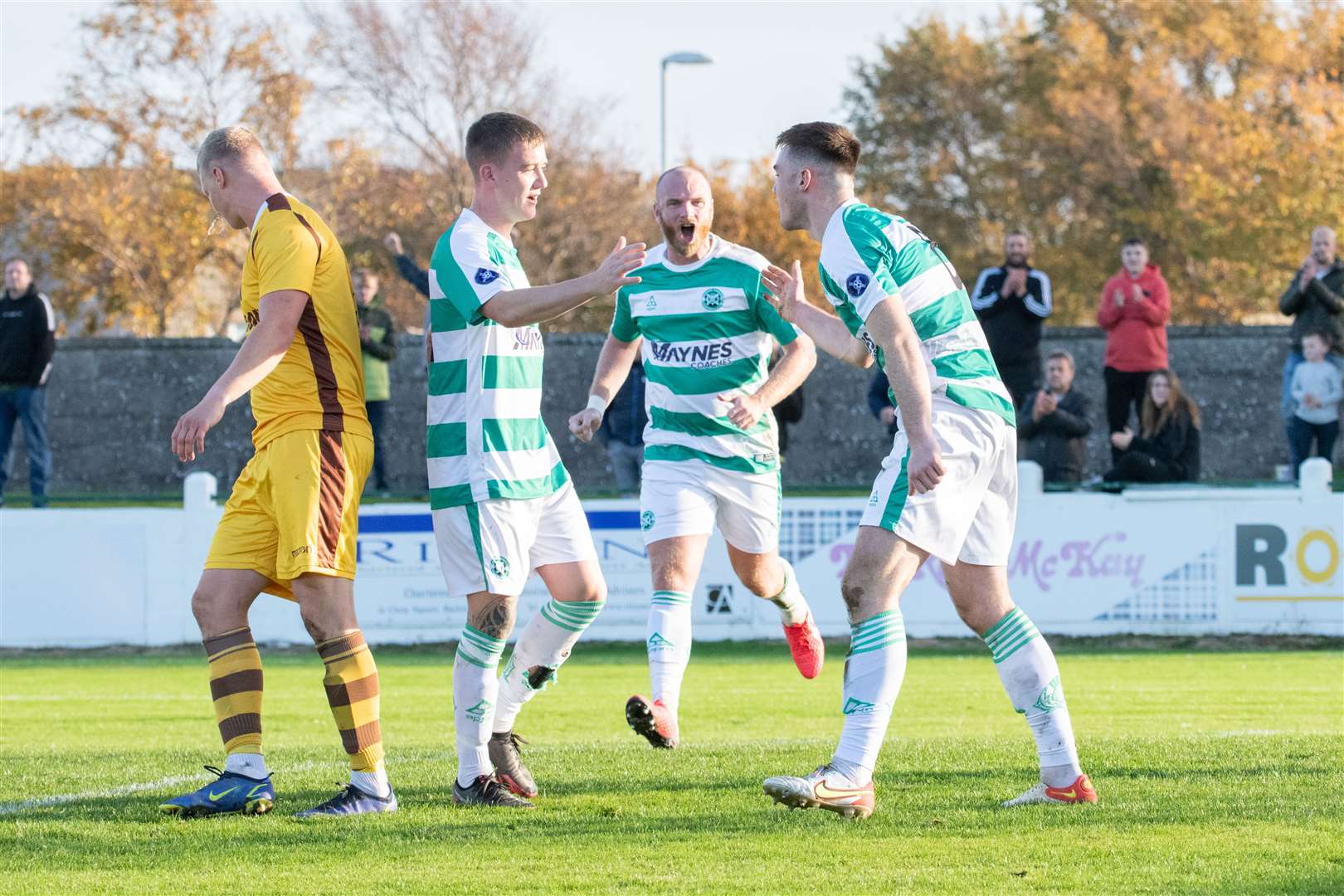 Celebrations after Buckie Thistle's Jack Murray heads home the opening goal for the Jags. ..Buckie Thistle FC (2) vs Forres Mechanics FC (0) - Highland Football League 22/23 - Victoria Park, Buckie 29/10/2022...Picture: Daniel Forsyth..