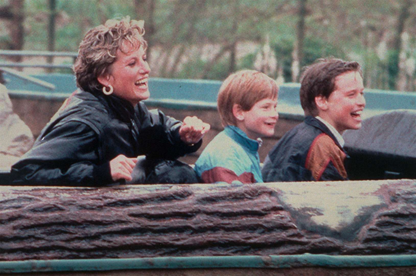 Diana, Princess of Wales, enjoying a day out at Thorpe Park amusement park with her sons, Prince Harry and Prince William (Cliff Kent/PA)