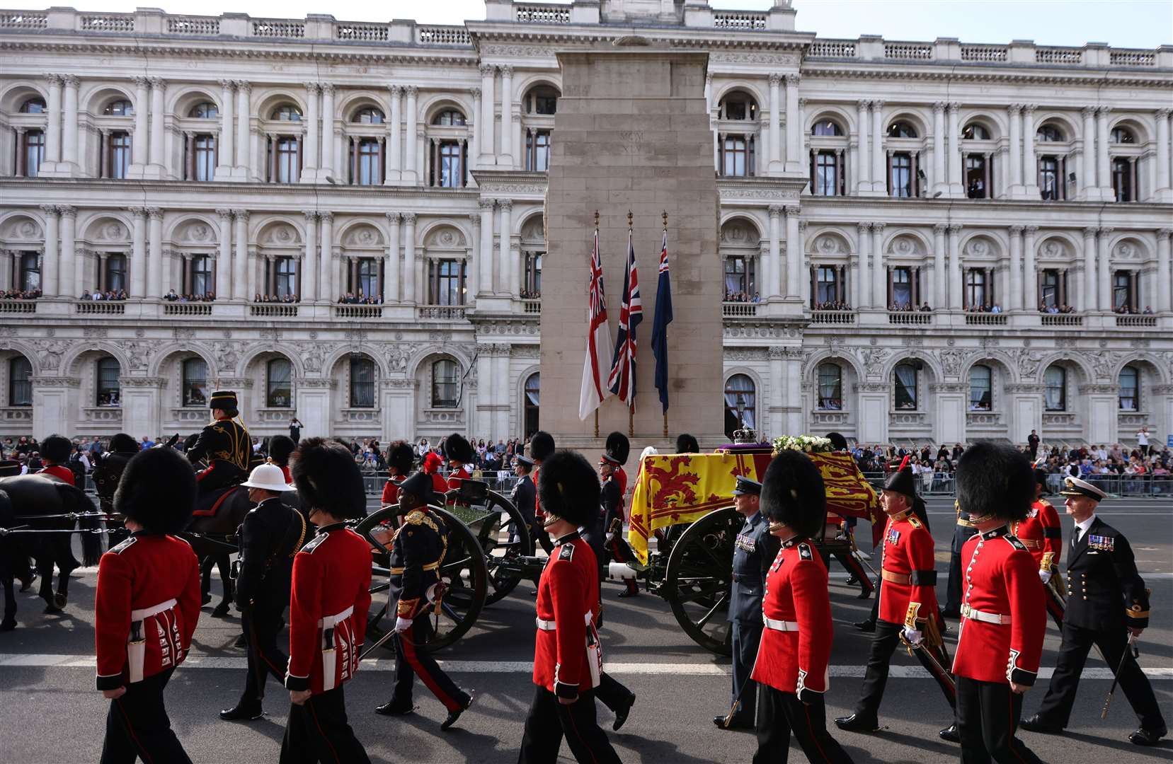 The coffin of the Queen was pulled on a gun carriage known as the George Gun Carriage (Adrian Dennis/PA)