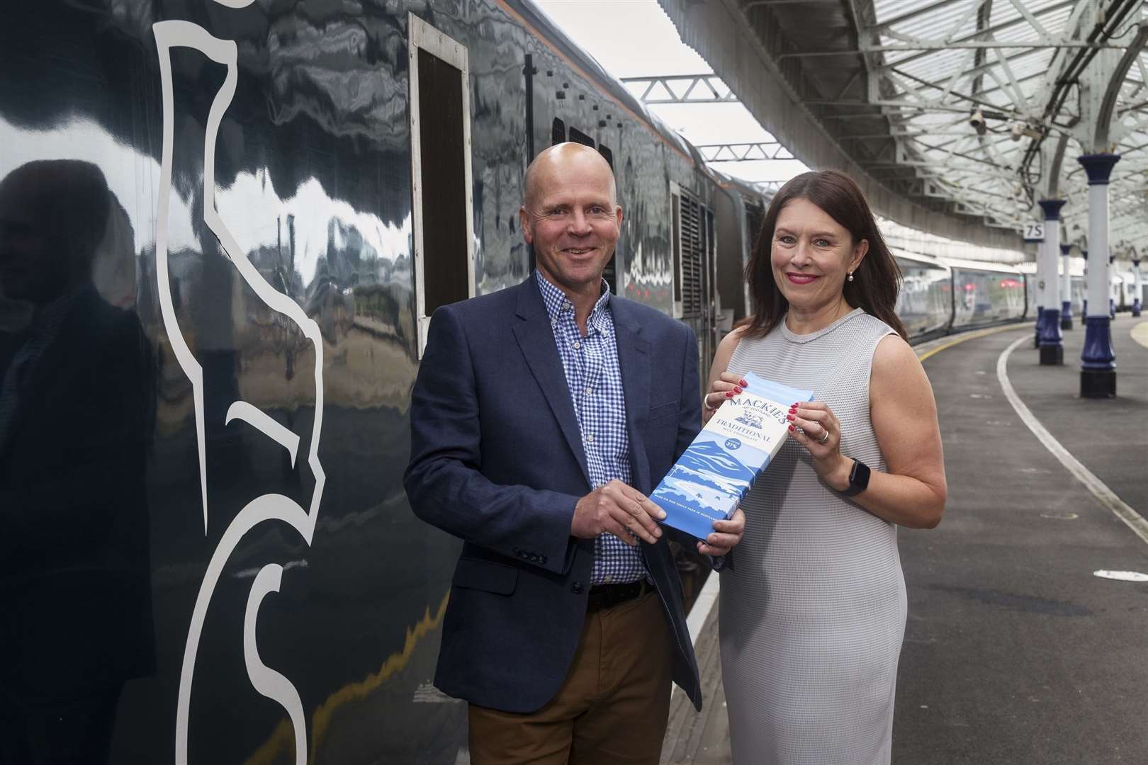 Caledonian Sleeper managing director Kathryn Darbandi with Mac Mackie, managing director of Mackie’s at the launch of the giveaway.
