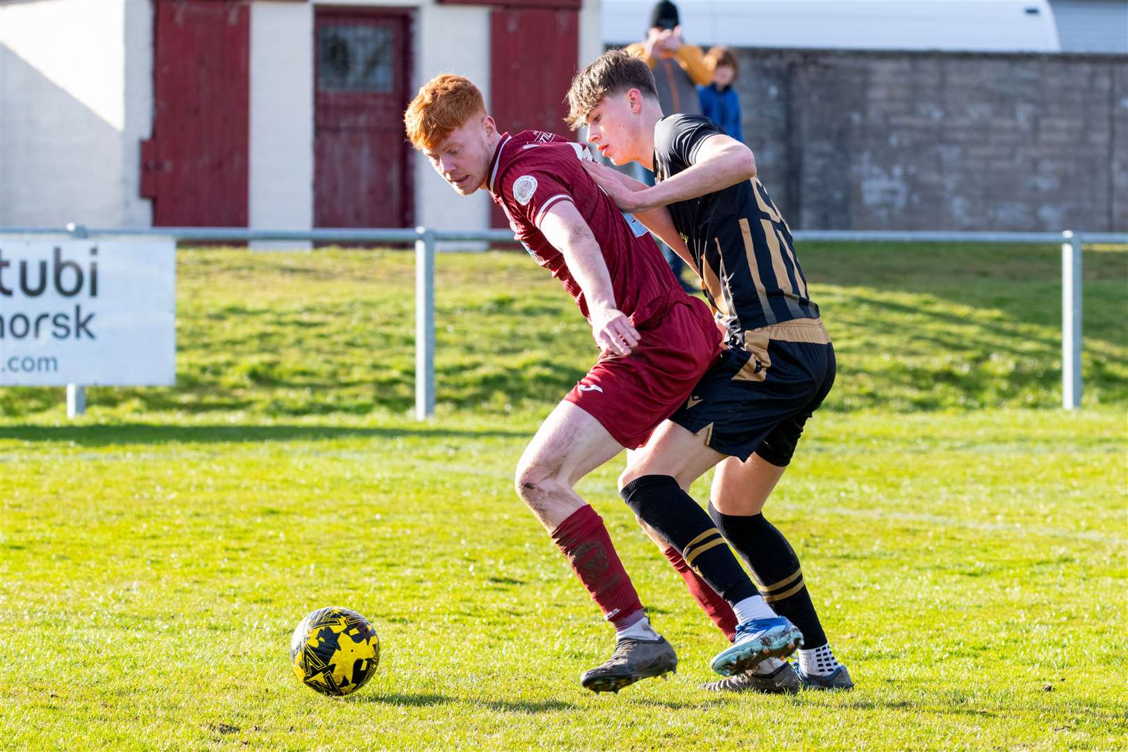 Keith's Matthew Tough tries to block the ball against Huntly's Blair McKenzie. Keith F.C (1) v Huntly F.C (0) at Kynoch Park, Keith. Highland Football League.Picture: Beth Taylor