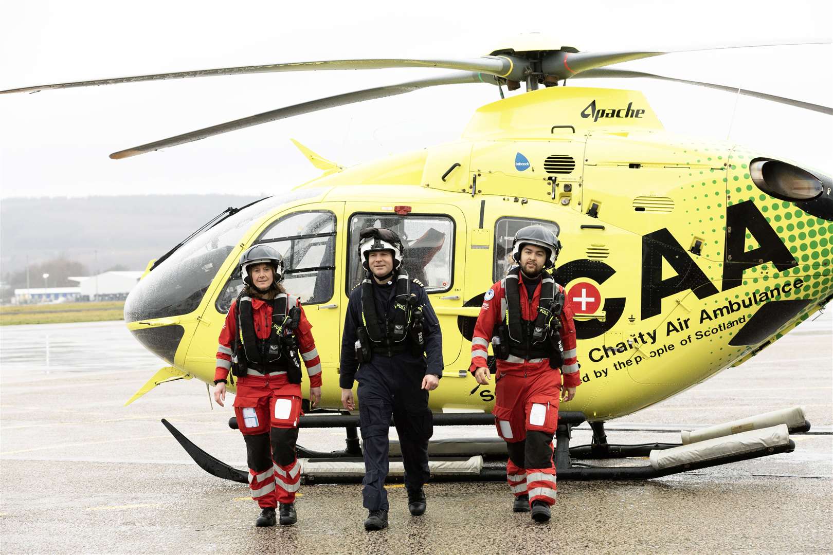 Scotland's Charity Air Ambulance base Aberdeen...Helimed 79 Pictured from left, Lead Paramedic Claire Allan, Pilot Captain Pete Winn and Paramedic Sam Gbasai. Picture by Graeme Hart, Perthshire Picture Agency