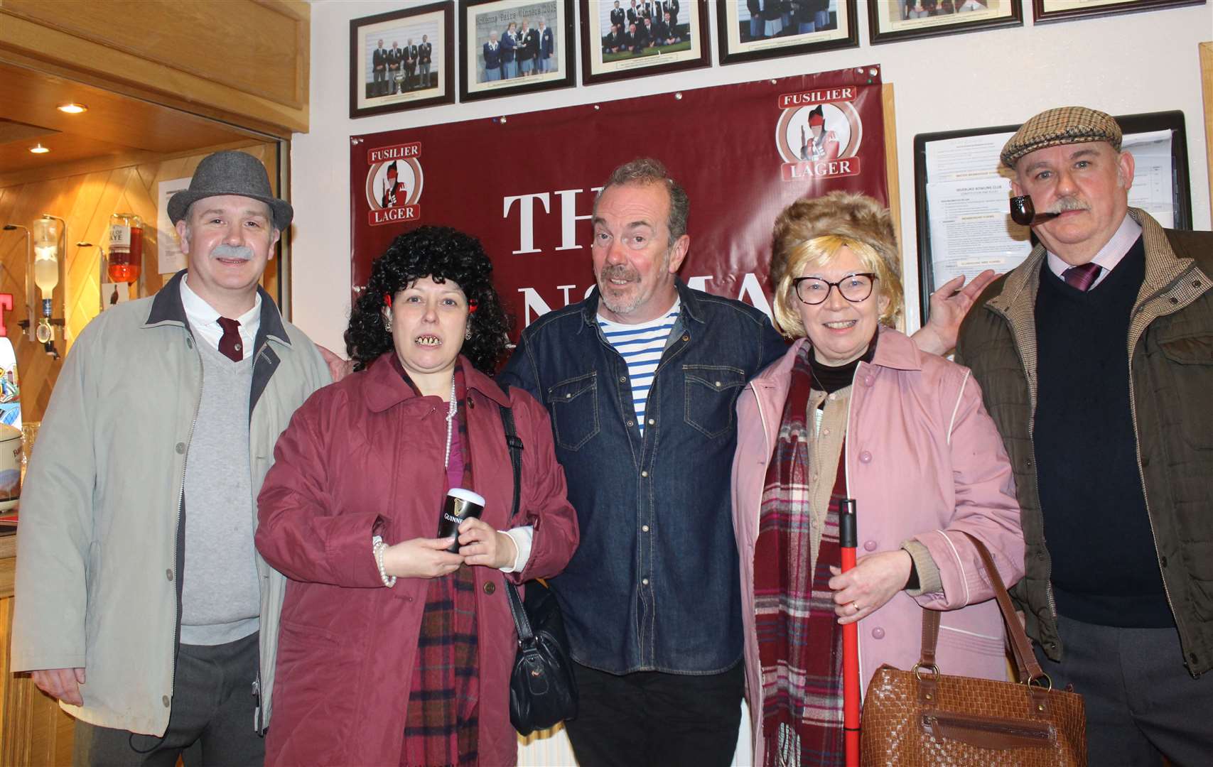Bob Martin as Still Game's Jack, Elaine Martin, Edith Wood as Isy and the real Gavin Mitchell aka barman Bob and Don Wood as Victor at Saturday's soiree at Inverurie Bowling club. Picture: Griselda McGregor