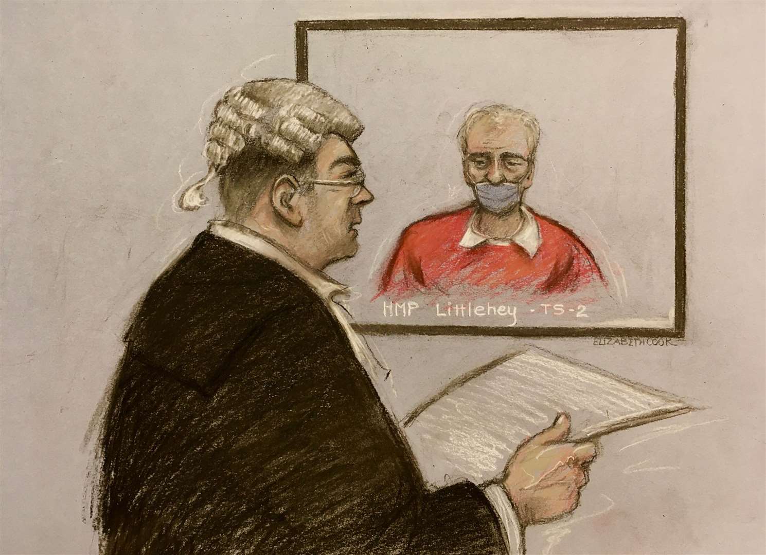 Barry Bennell being questioned via video link by James Counsell QC at the High Court in London (Elizabeth Cook/PA)