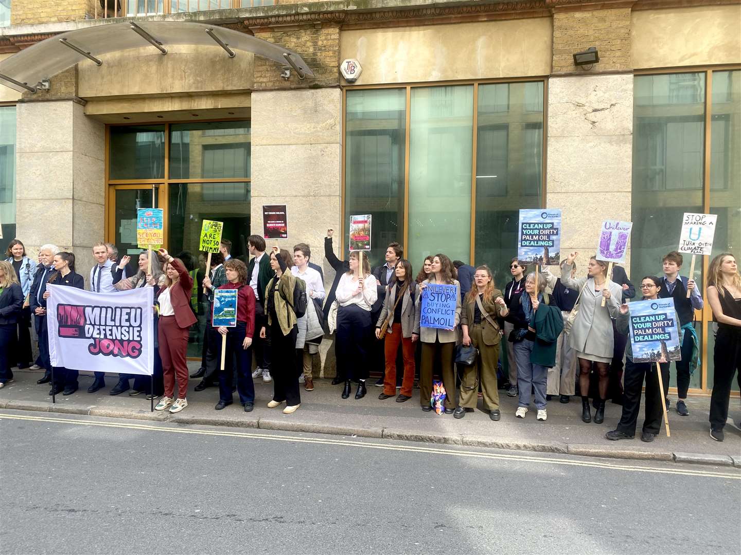 Protesters outside Unilever’s AGM at the Hilton Bankside (PA/Rebecca Speare-Cole)