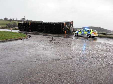 The Walkers shortbread lorry lies on its side on the A96 near Huntly. Photo: Pat Scott