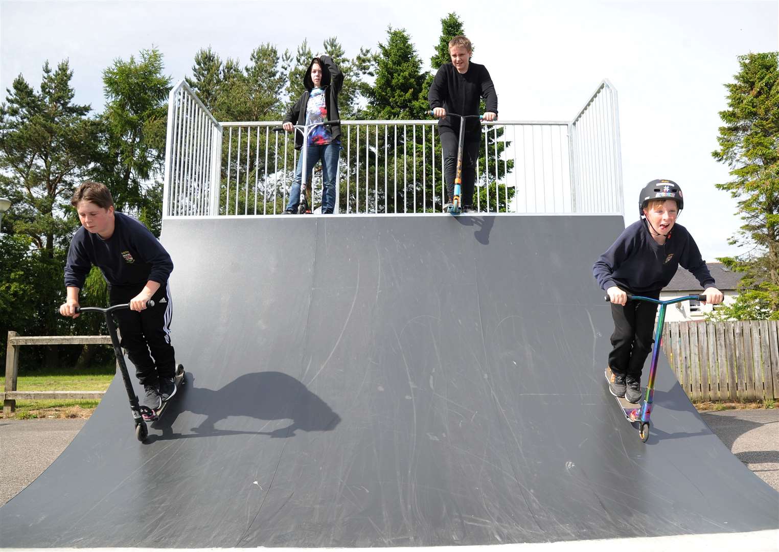 Children enjoy the skate park. From left, Finlay Paton, Harley Farqurson, Riley Martin and Marc McHardy. Picture: Eric Cormack.