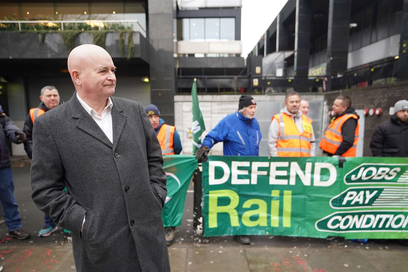 Mick Lynch, general secretary of the RMT, on the picket line outside Euston station in London (James Manning/PA)