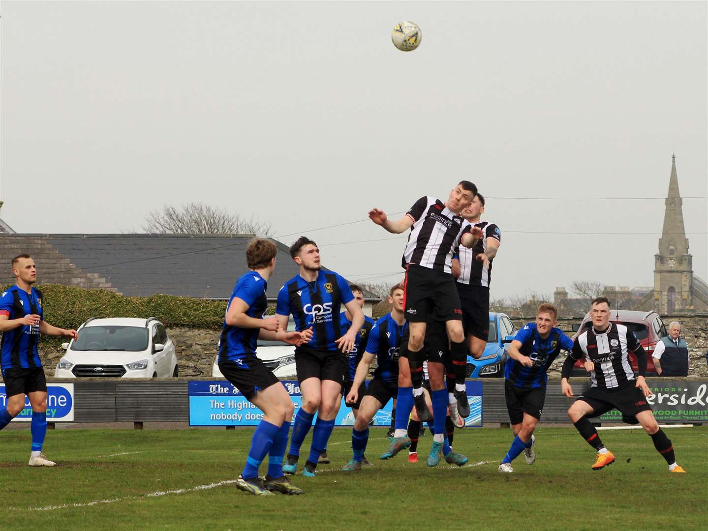 Ryan Campbell rises to meet a Jack Henry corner for Wick. Photo: Alan Hendry