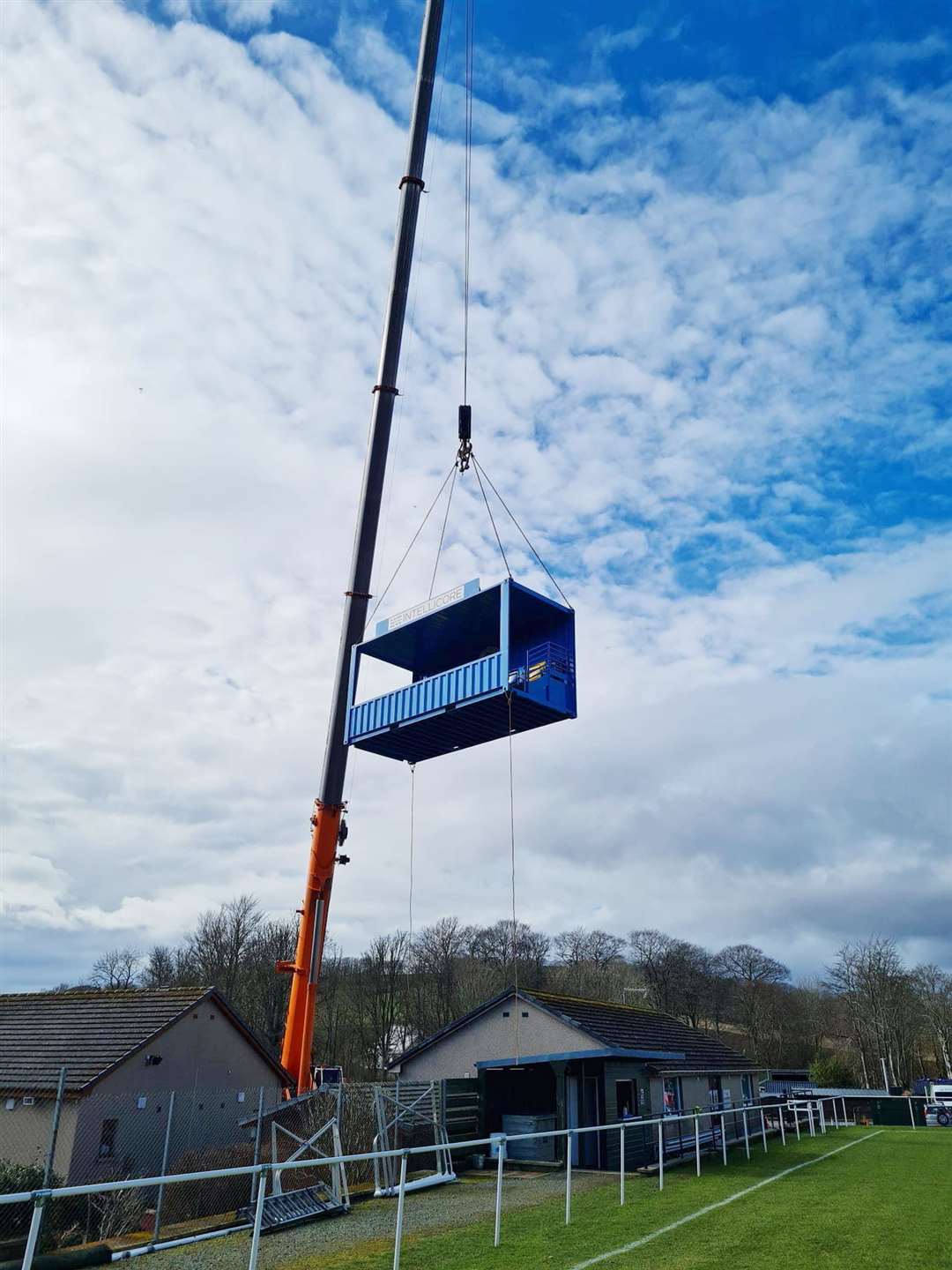 New stands were lifted into place at Rothy Rovers.  Photo: Courtesy of Ruthie Rovers.
