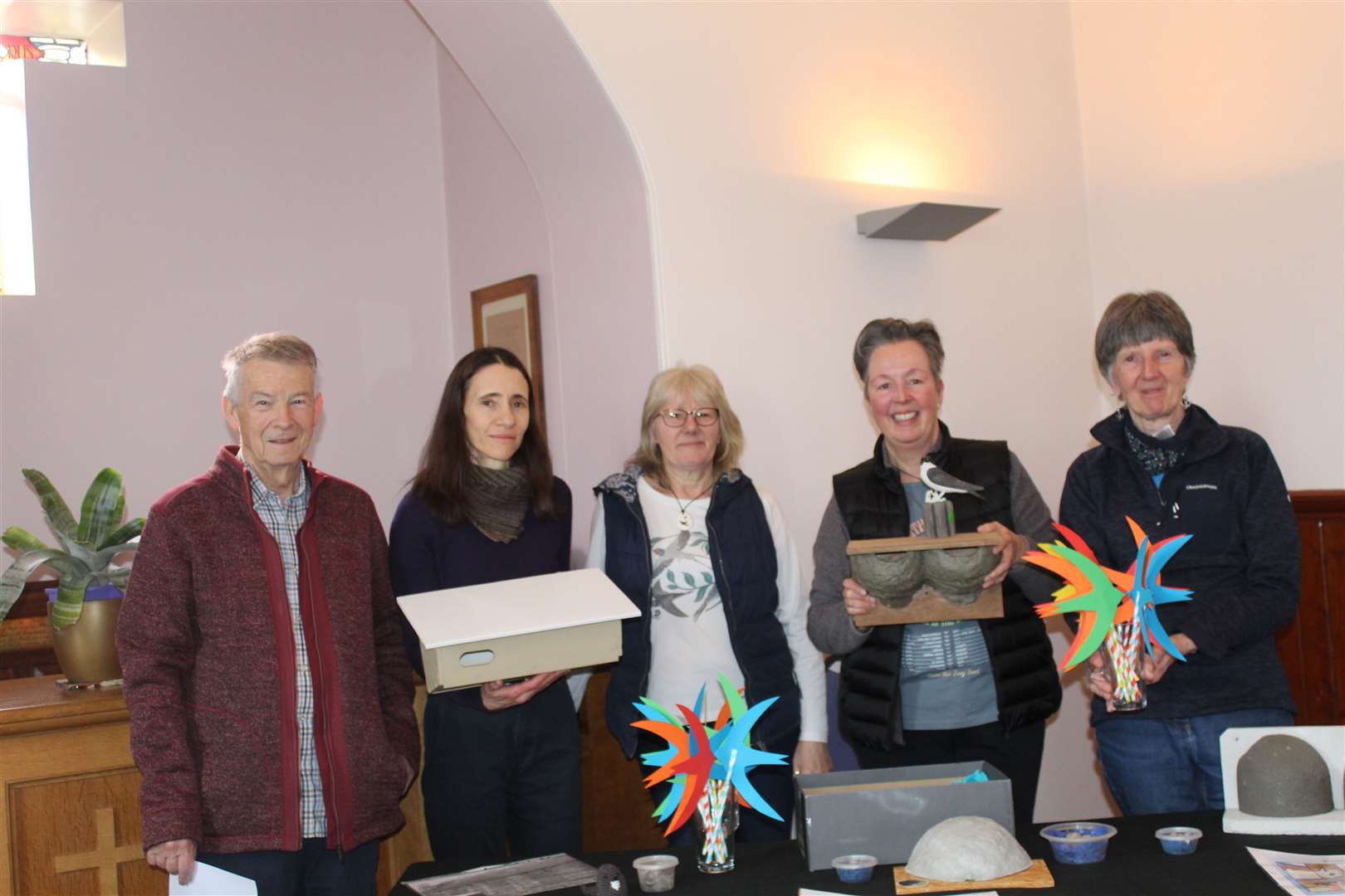 Keen visitor to the Swifts and Us event at West Parish church (left) Graham Coe, NES Swifts members Hannah Turner holding nesting box, founder Cally Smith, Karen De Rijck and Kemnay representative Liz Mckay at Wednesday's climate week event at West parish church, West High Street, Inverurie. Picture:Griselda McGregor