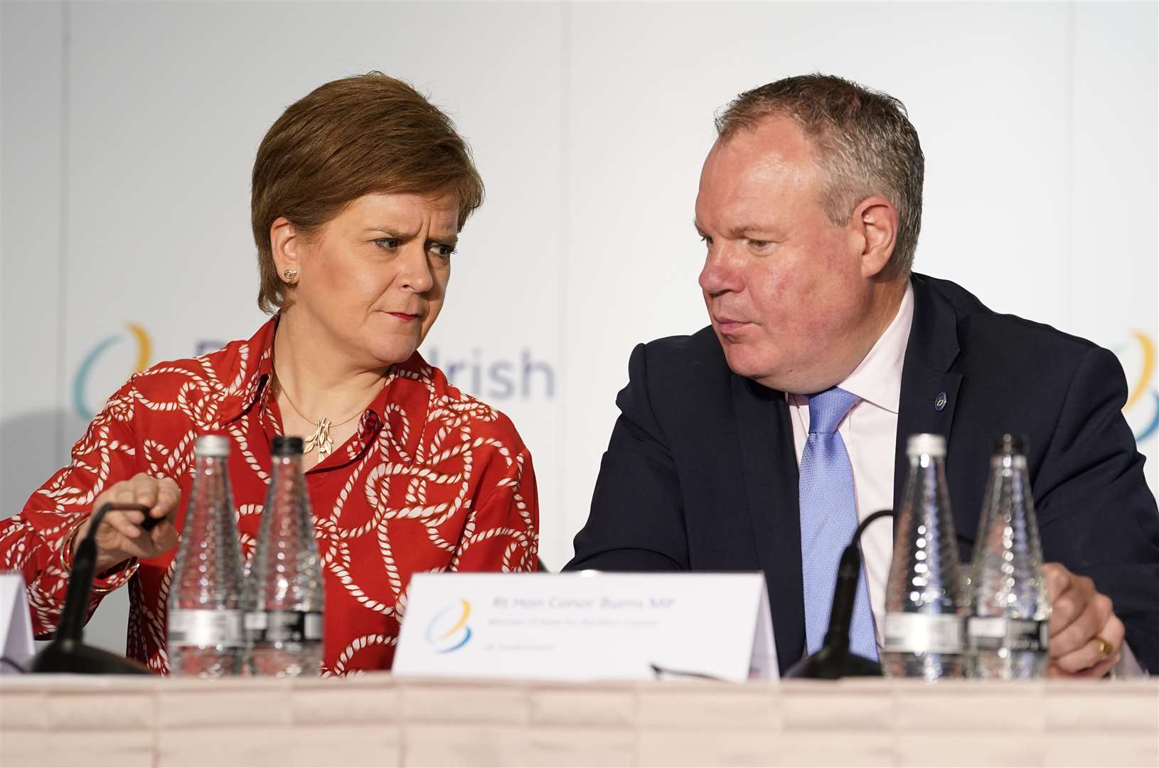 Scottish First Minister Nicola Sturgeon (left) and Minister of State for Northern Ireland Conor Burns during a press conference following a British-Irish Council (BIC) summit meeting at the St Pierre Park Hotel in Guernsey (Andrew Matthews/PA)