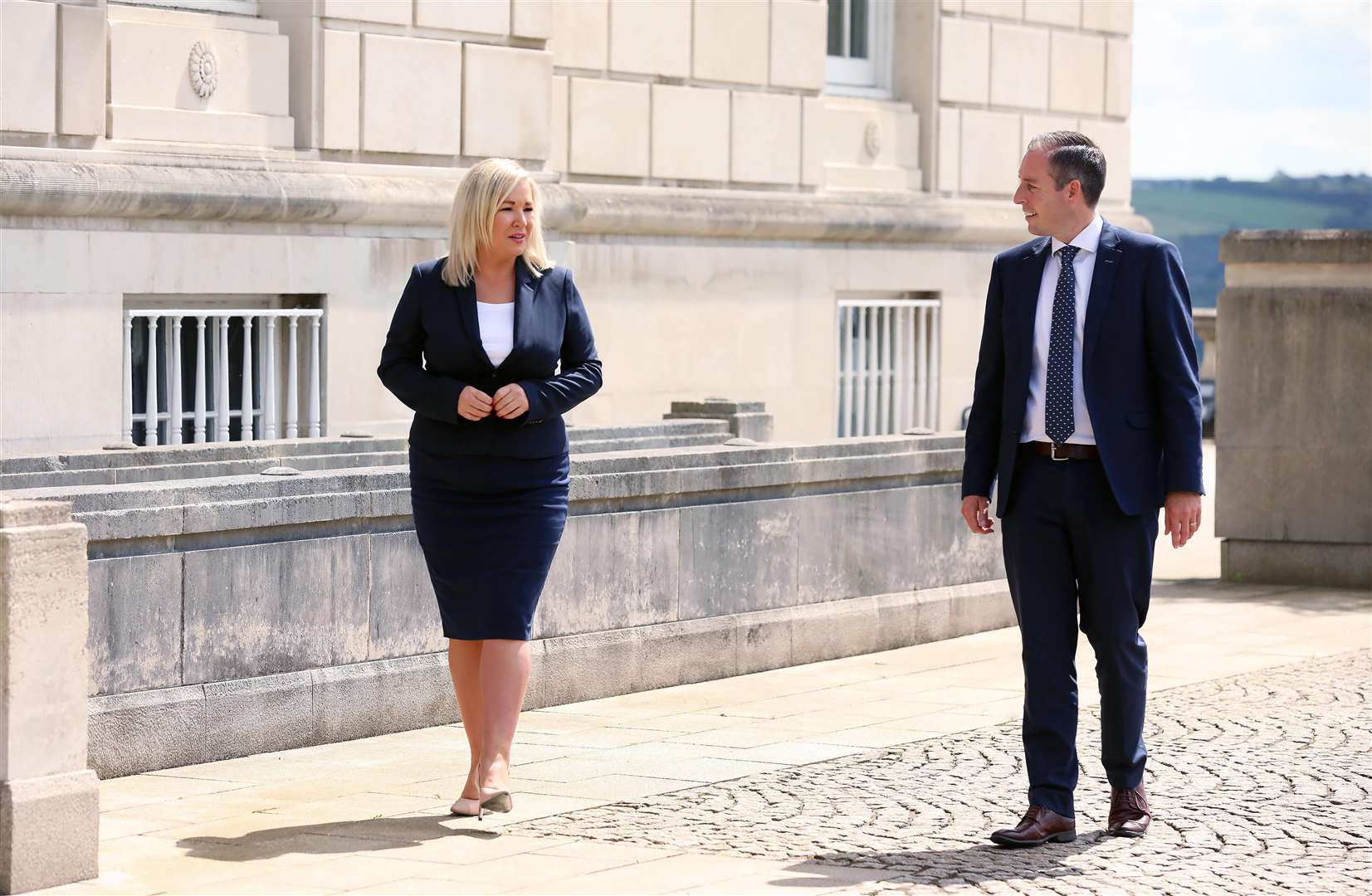 Paul Givan and Michelle O’Neill outside Stormont after they were nominated First Minister and deputy First Minister on Thursday (Kelvin Boyles/PA)