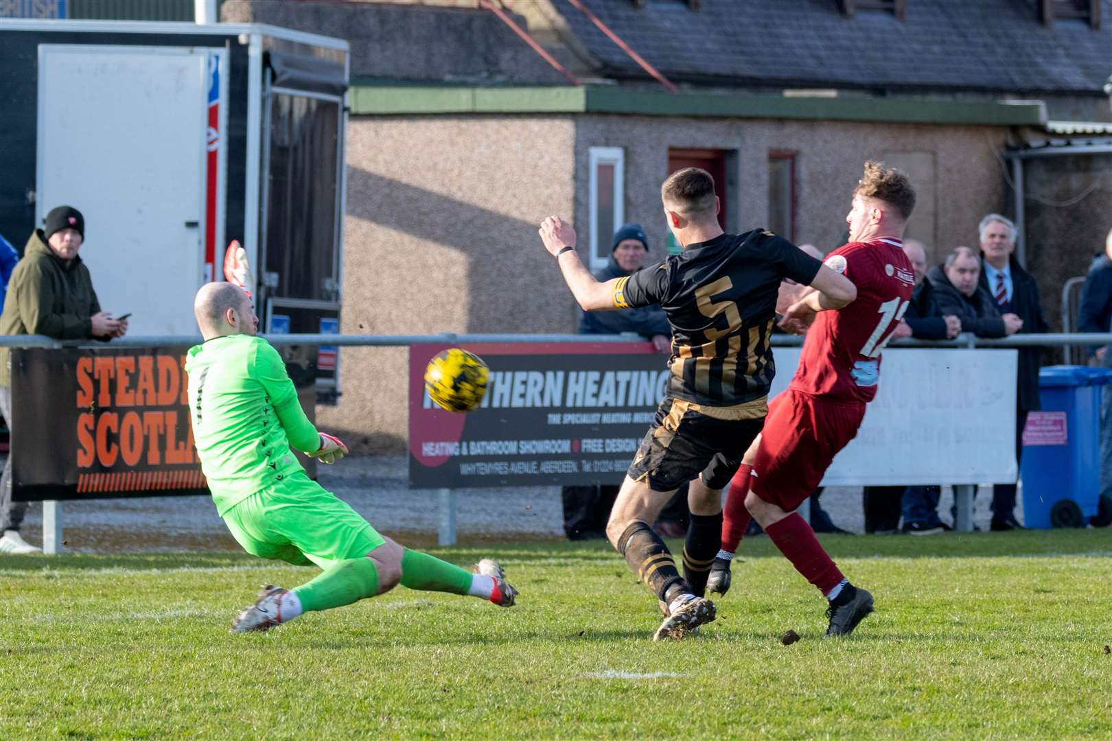 Keith's Michael Ironside makes an attempt for goal. Keith F.C (1) v Huntly F.C (0) at Kynoch Park, Keith. Highland Football League.Picture: Beth Taylor