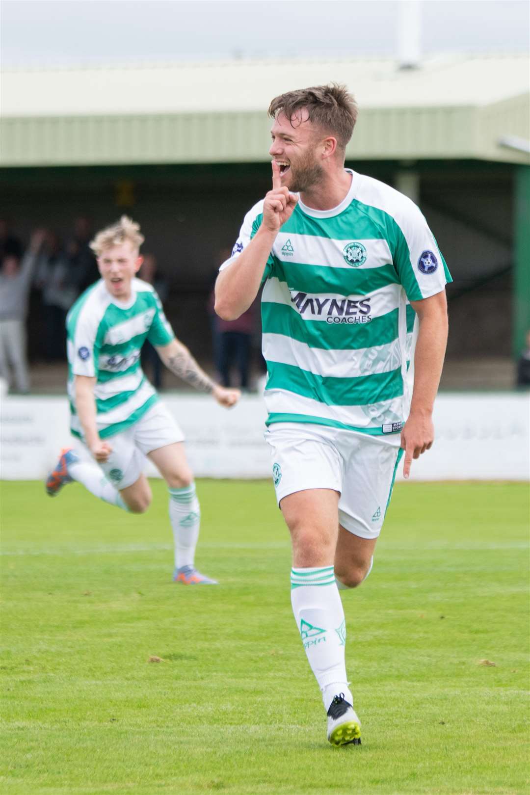 Buckie forward Josh Peters celebrates his first half opener. ..Buckie Thistle FC (6) vs Nairn County FC (0) - Highland Football League 23/24 - Victoria Park, Buckie 30/09/2023...Picture: Daniel Forsyth..