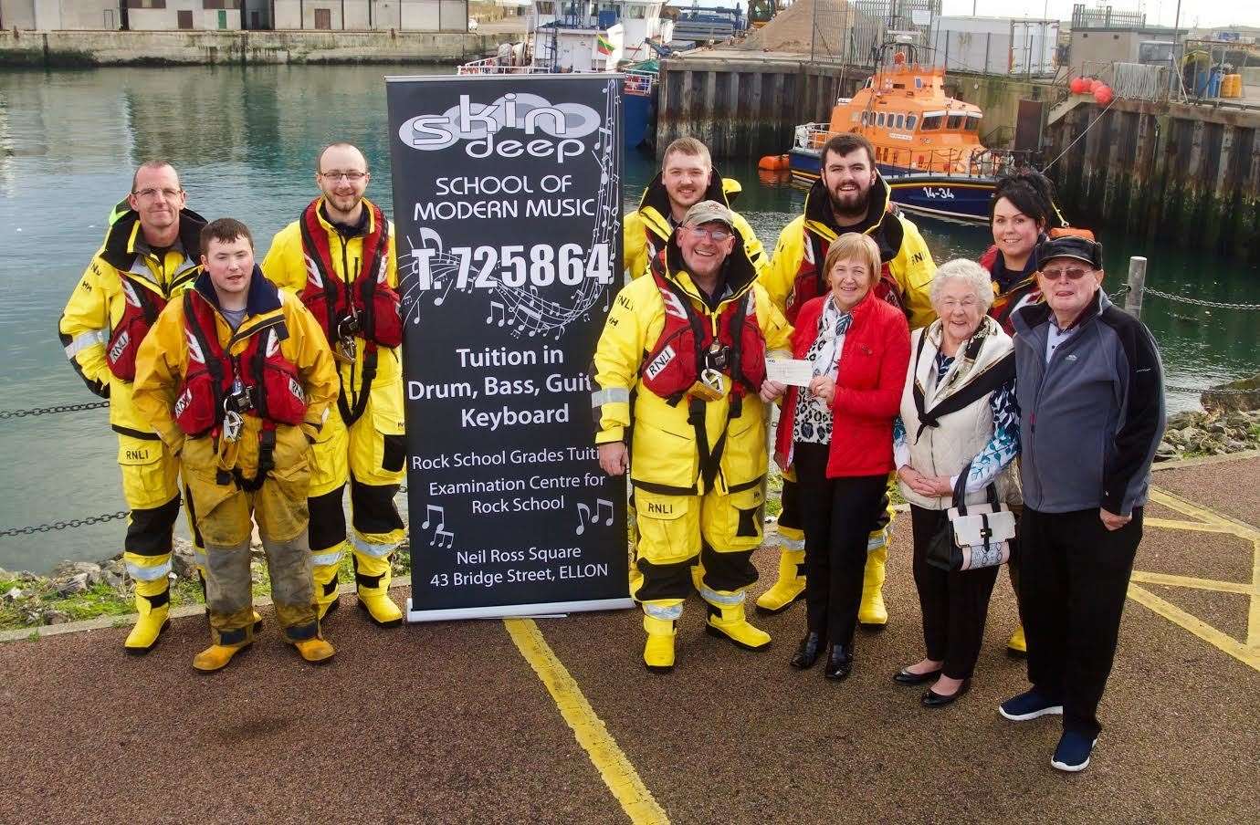 Presenting the cheque from Skin Deep to Victor Sutherland and the crew was Jayne Brown, accompanied by her parents Anne and George Trail. Picture: Phil Harman