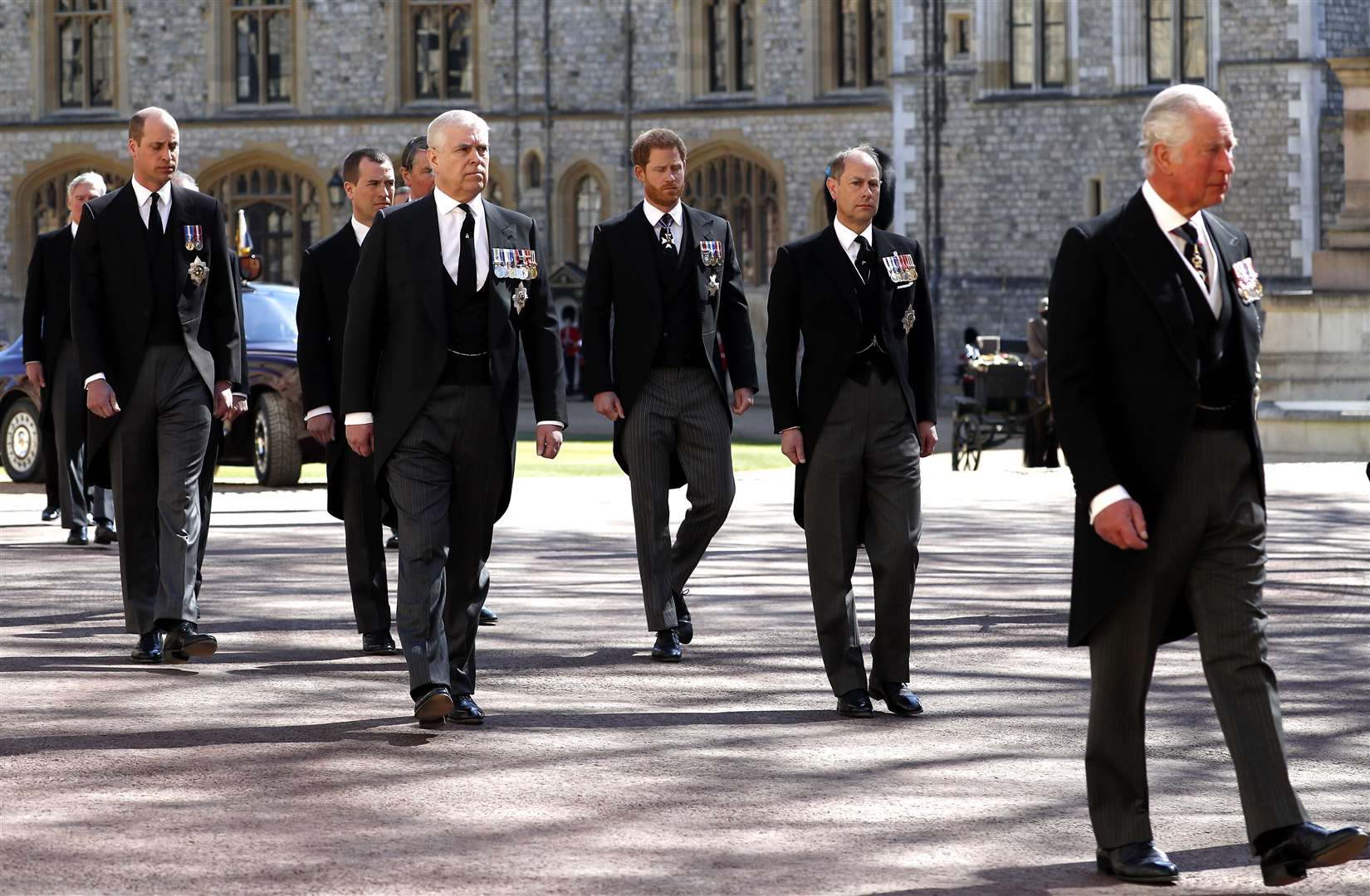 The Duke of Cambridge, the Duke of York, the Duke of Sussex, the Earl of Wessex and the Prince of Wales during the funeral of the Duke of Edinburgh at Windsor Castle (Alastair Grant/PA)