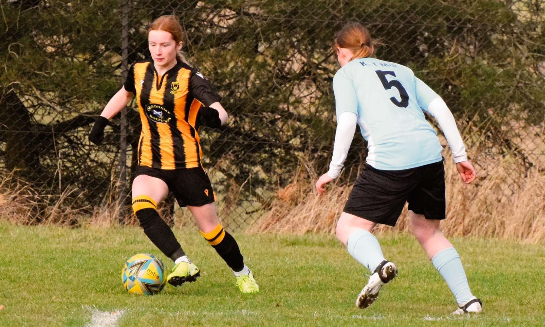 Lucy Taylor on the ball for Huntly Women. Picture: David Henderson
