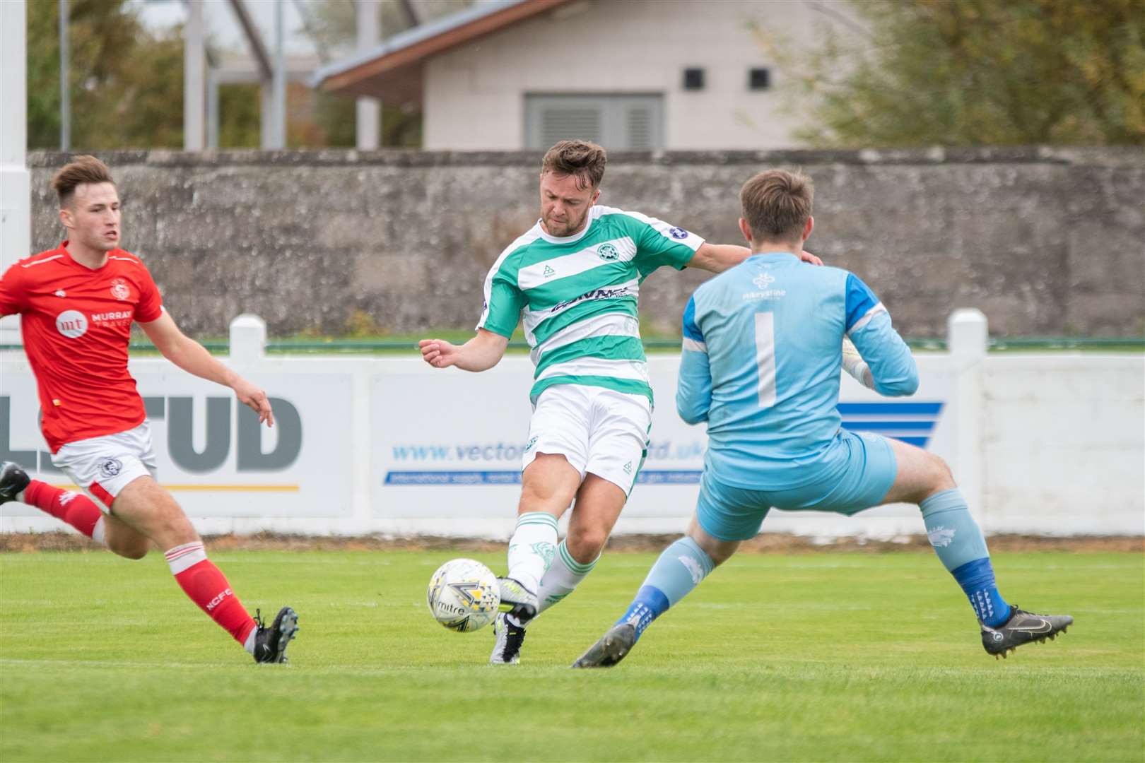 Buckie forward Josh Peters could have had a quick fire double had it not been for a decent save from County goalkeeper Dylan Maclean. ..Buckie Thistle FC (6) vs Nairn County FC (0) - Highland Football League 23/24 - Victoria Park, Buckie 30/09/2023...Picture: Daniel Forsyth..