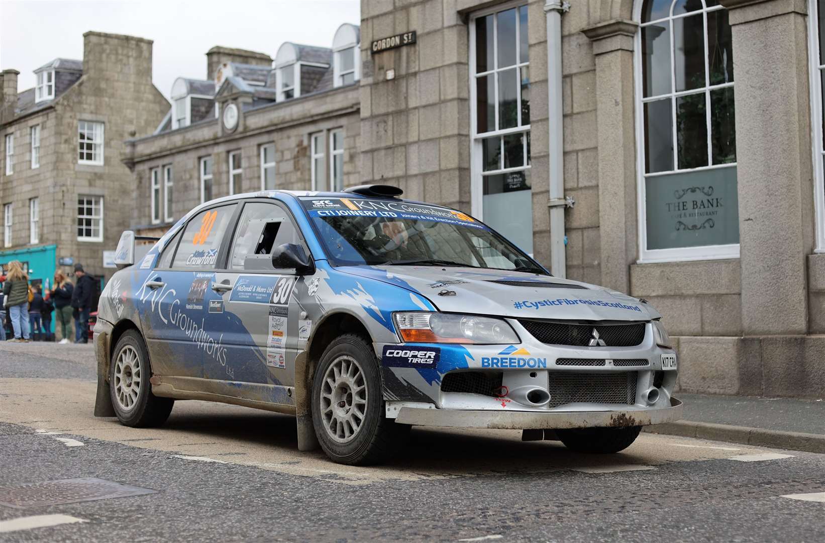 One of the rally cars in Huntly was driven by Kevin Crawford.