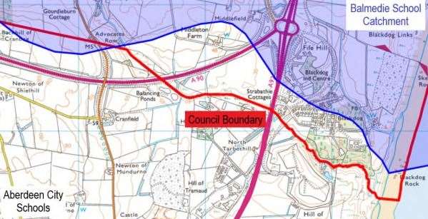 The current catchement area of Balmedie School (blue) and the Aberdeenshire Council boundary (red line).