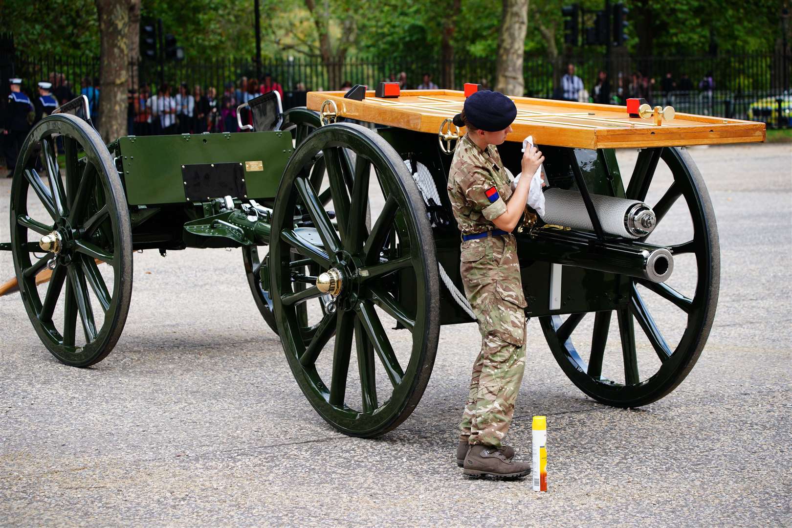 Military personnel cleaning a gun carriage as they made their final preparations at Wellington Barracks ahead of the ceremonial procession (Ben Birchall/PA)