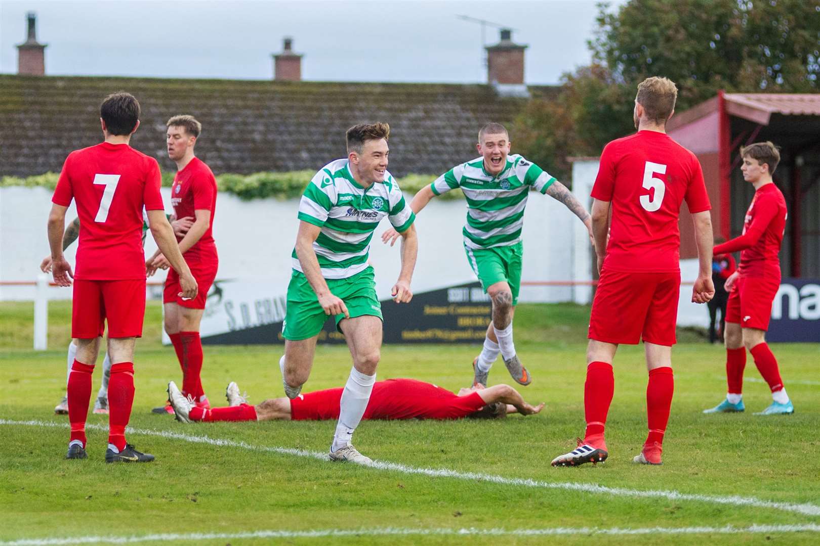 Celebration time in last October’s win at Brora for Buckie Thistle, who face more Highland opposition when Caley come to town next week. Photo: Daniel Forsyth