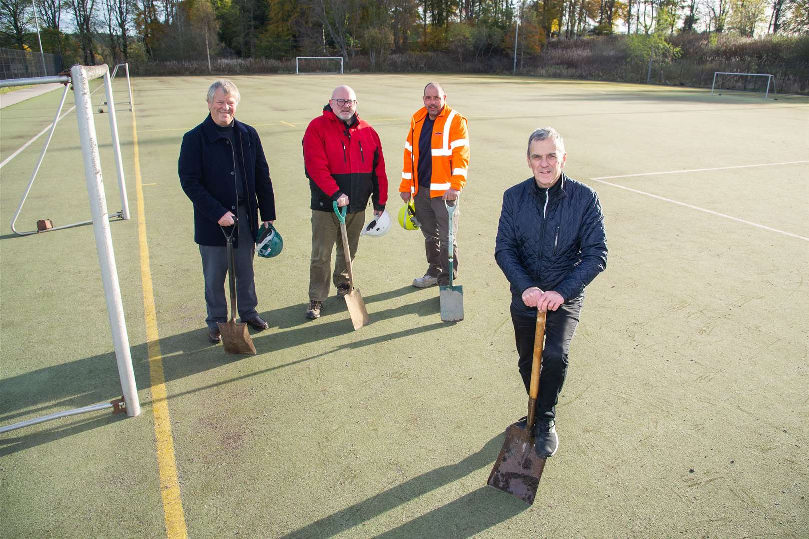 Allan Mitchell, front, with Huntly Sports Trust members, Sandy Mitchell, Bruce Murray, chairman and Steve Parkin as they announce all funding has been secured and work is about to start on the all-weather pitch. Picture: Daniel Forsyth.