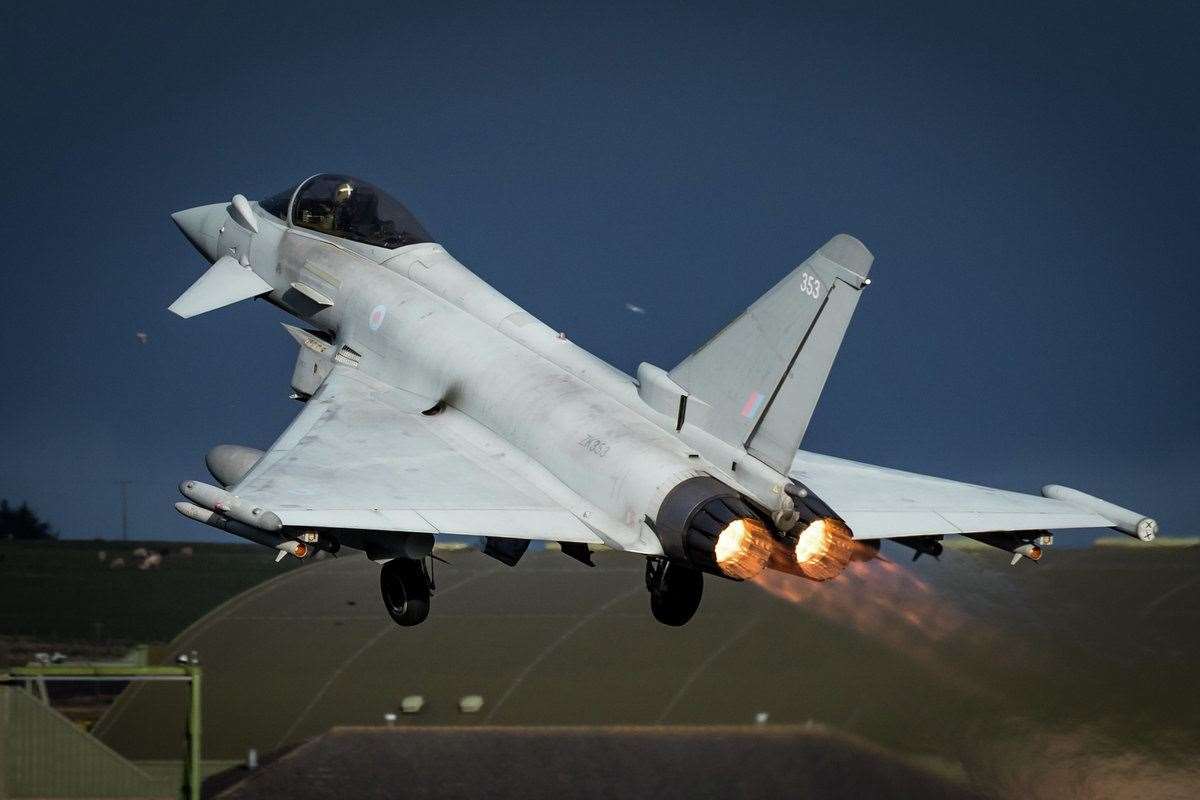 A Typhoon FGR4 scrambles from RAF Lossiemouth to intercept an unresponsive aircraft.