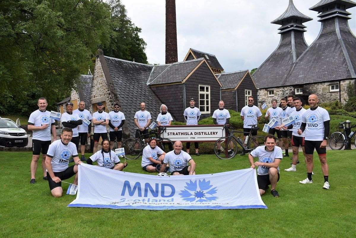 A team of workers from Chivas Brothers at Strathisla Distillery in Keith after their 200-mile cycle from Dunbarton for MND Scotland.