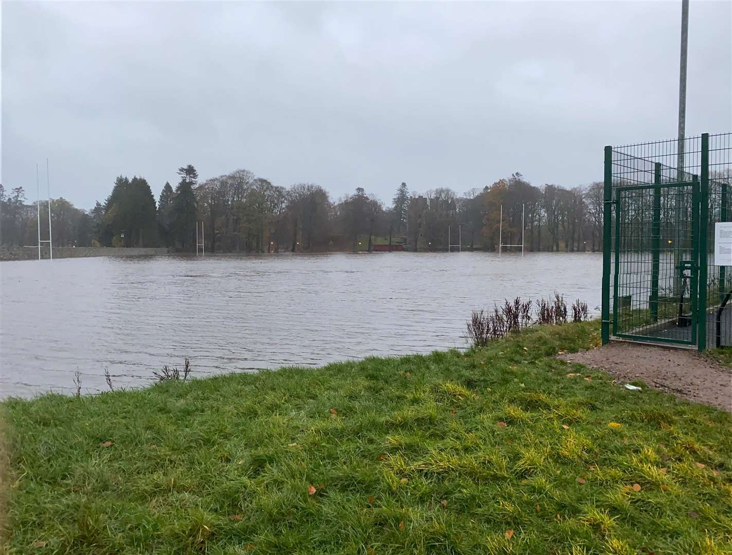 The playing fields have become a loch in the flooding at Huntly. Picture: Corey Combe.