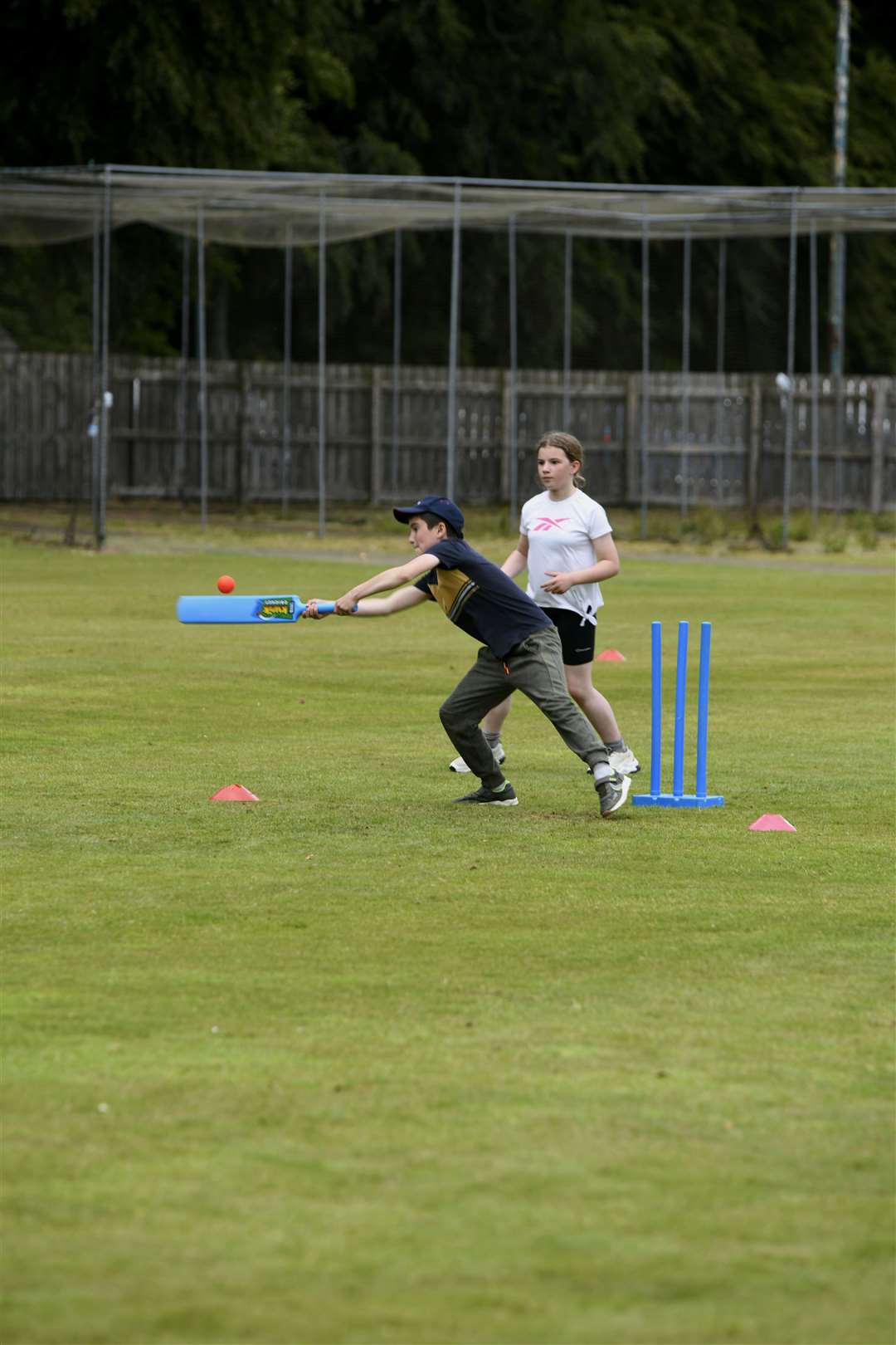 One pupil on the stretch to play their shot. Huntly Primary School Cricket Tournaments...Pictures: Beth Taylor.