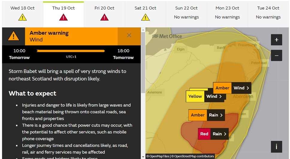 Moray is under a yellow warning for wind and rain, with a regional "flood alert" in place for Findhorn, Nairn, Moray and Speyside.