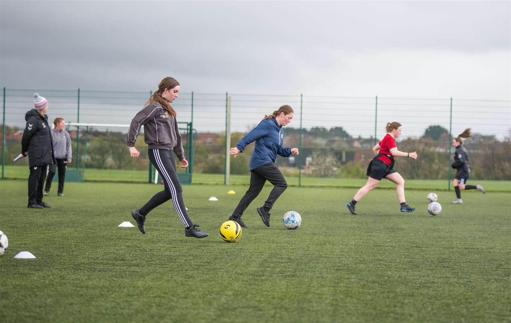 Getting back into training are (from front) Abigail Anderson, Moira Beadle, Rebecca McMillan and Millie Findlay, watched by manager Mel Smith and Laura Duncan. Picture: Becky Saunderson