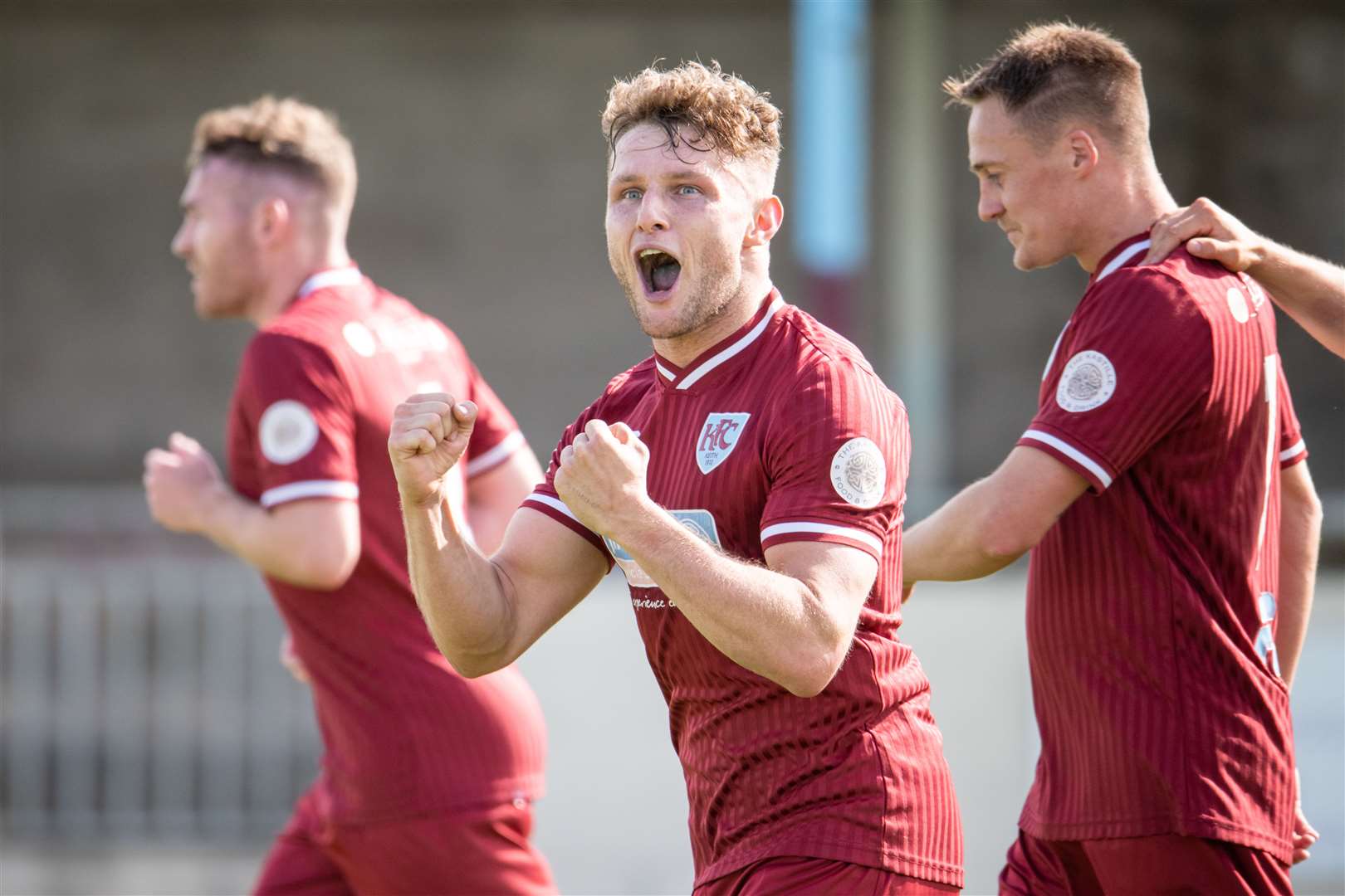 A roar of delight from Mikey Ironside after he opened the scoring. . .Keith FC (1) vs Clachnacuddin FC (1) - Highland Football League 23/24 - Kynoch Park, Keith 05/08/2023...Picture: Daniel Forsyth..