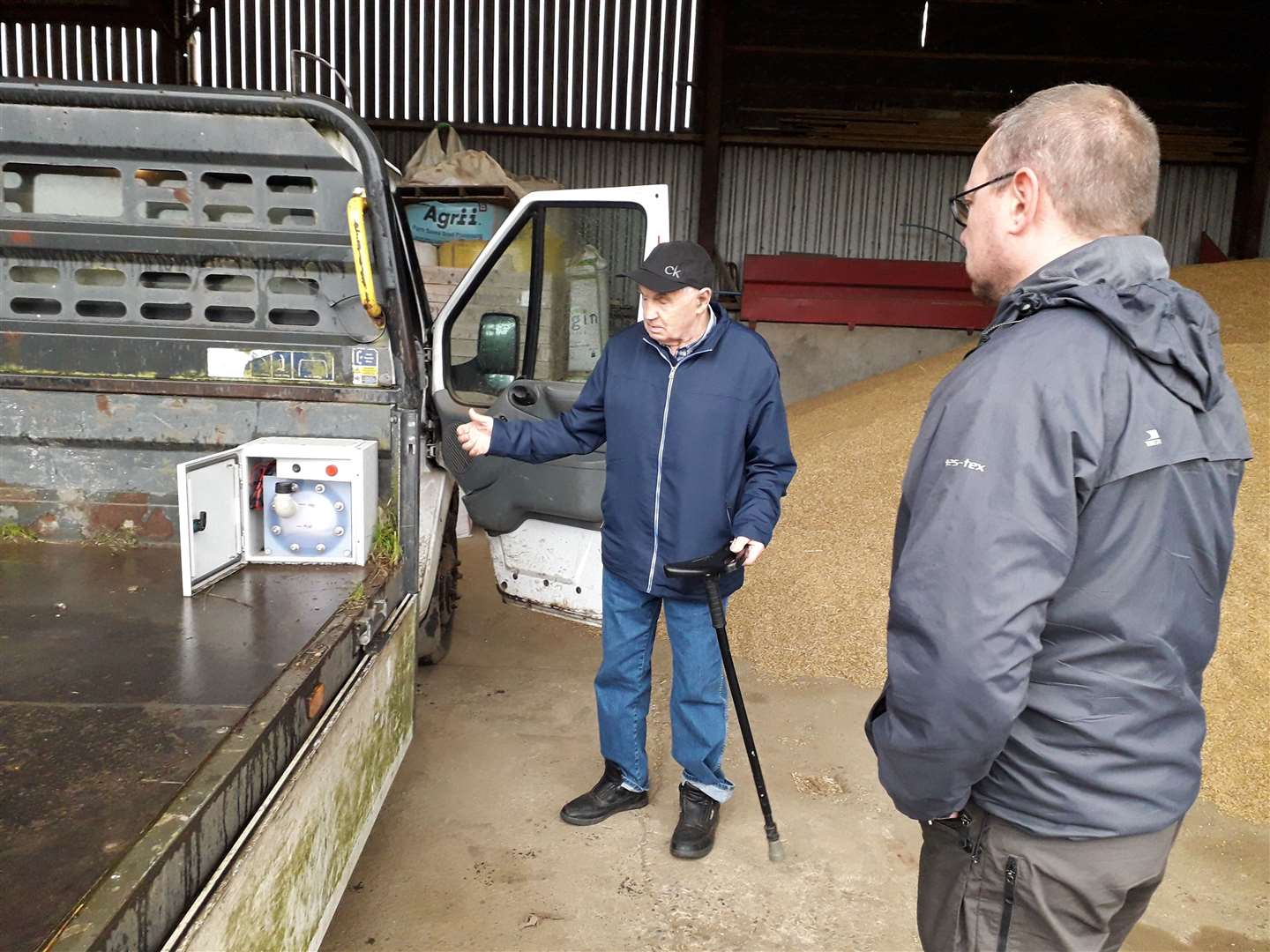 Gordon MP Richard Thomson with north-east farmer David Smith demonstrating his hydrogen-powered truck.
