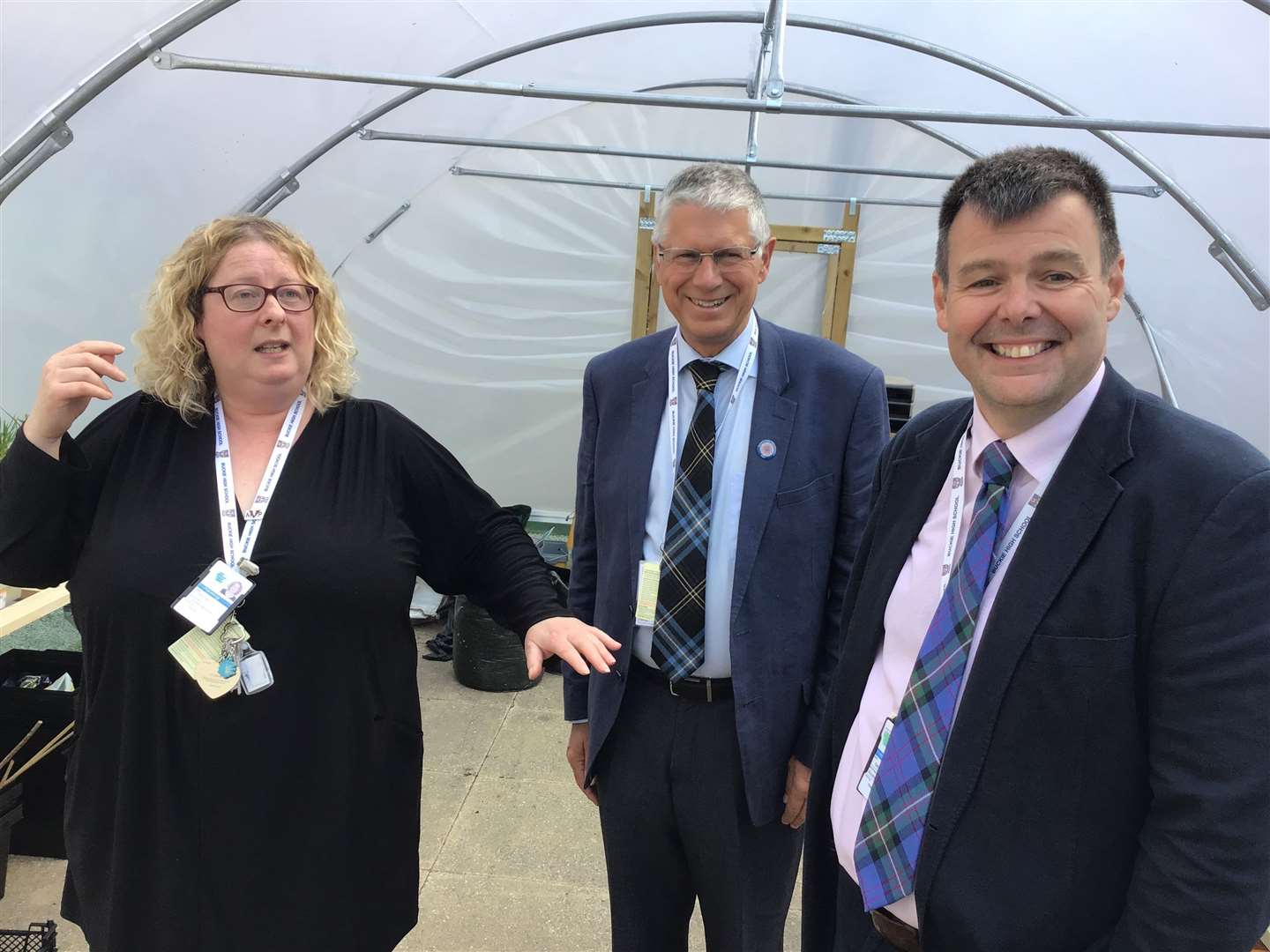 (From left) Support for Learning PT Karen Flett, Lord Lieutenant Andrew Simpson and BCHS Rector Neil Johnson have a look round the newly-opened polytunnel. Picture: BCHS