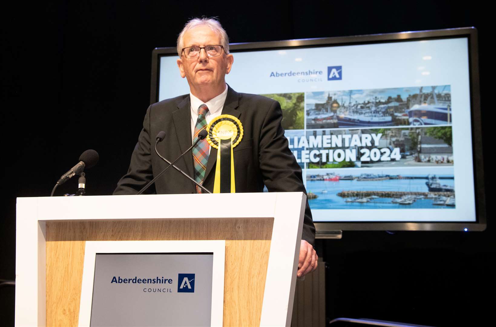 Seamus Logan MP makes his victory speech after winning the Aberdeenshire North and Moray East constituency for the SNP.. Picture: Beth Taylor