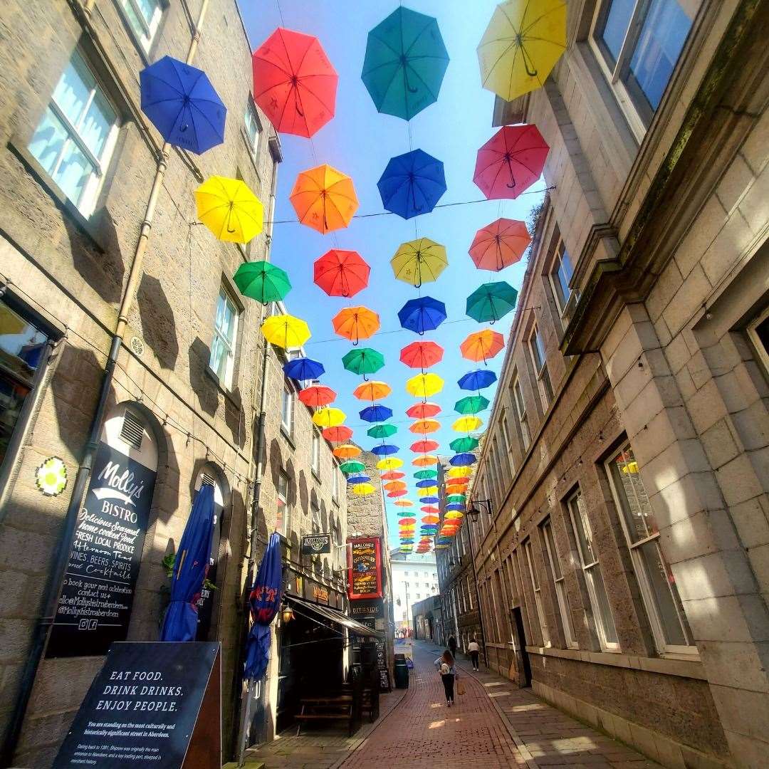 Umbrellas are being installed on Shiprow for the Umbrella Project. Picture: Aberdeen Inspired.