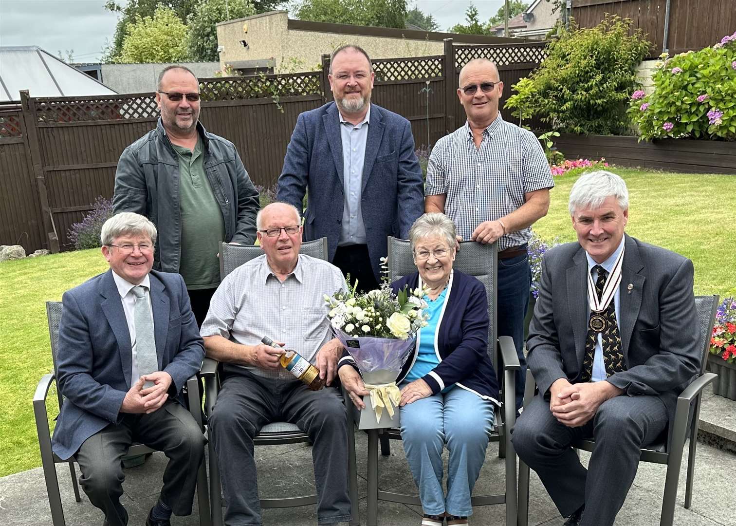 Norman and Anne Duguid (nee Barron), with Turriff & District Councillor, Iain Taylor, Deputy Lieutenant, Steve Mackison. Also joined by their youngest son, Banff & Buchan MP, David Duguid and his brothers Peter (left) and Ian (right)