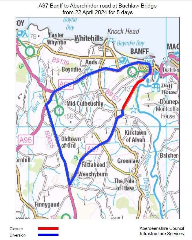 The A97 Banff to Aberchirder road will close due to repairs carried out at Bachlaw Bridge.