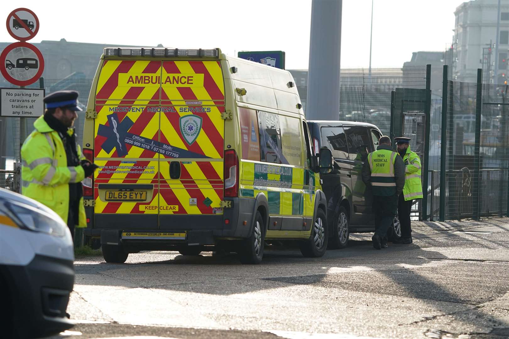 An ambulance arrives at the Port of Dover after the incident in the Channel (Gareth Fuller/PA)