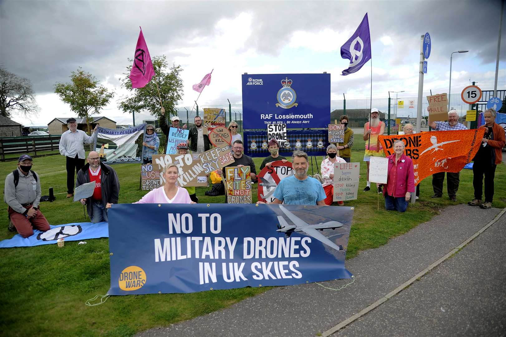 Protest outside RAF Lossiemouth against military drones. Picture: Becky Saunderson..