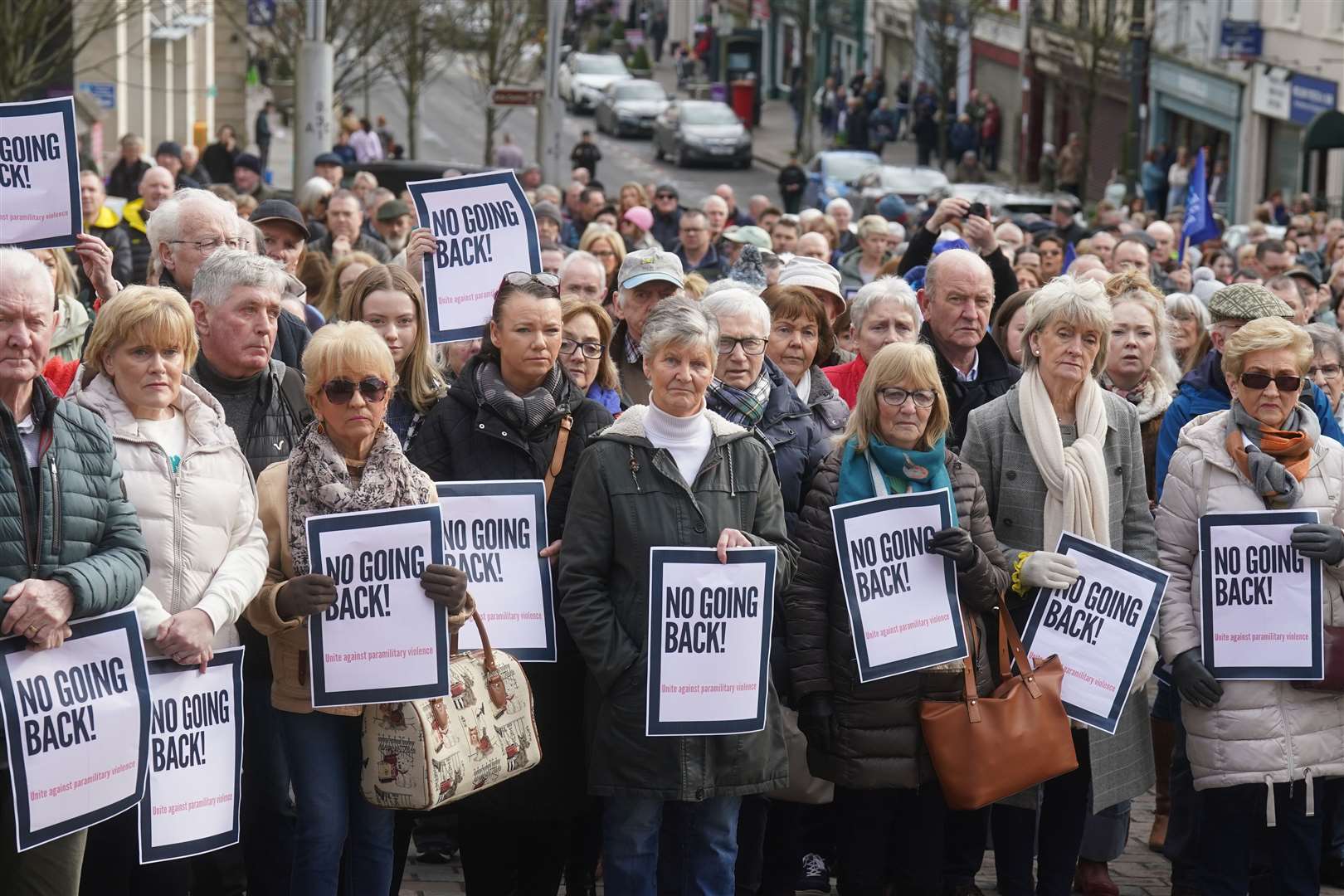 A rally outside Omagh Courthouse against paramilitary violence (Brian Lawless/PA)