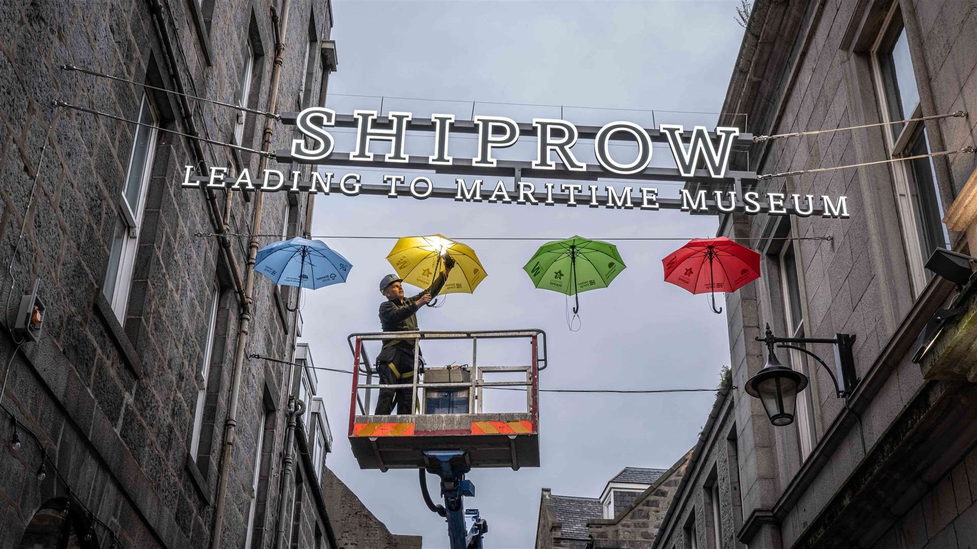 Umbrellas are being installed on Shiprow for the Umbrella Project. Picture: Aberdeen Inspired.