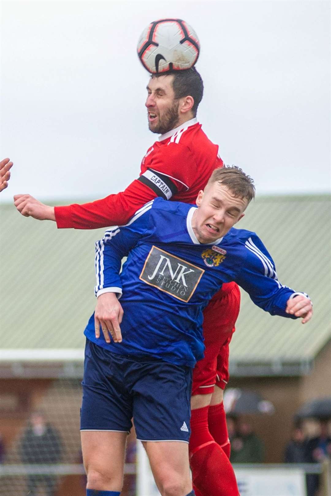 Matty Milne headed home Forres Thistle's winner against Rothie Rovers. Picture: Daniel Forsyth..